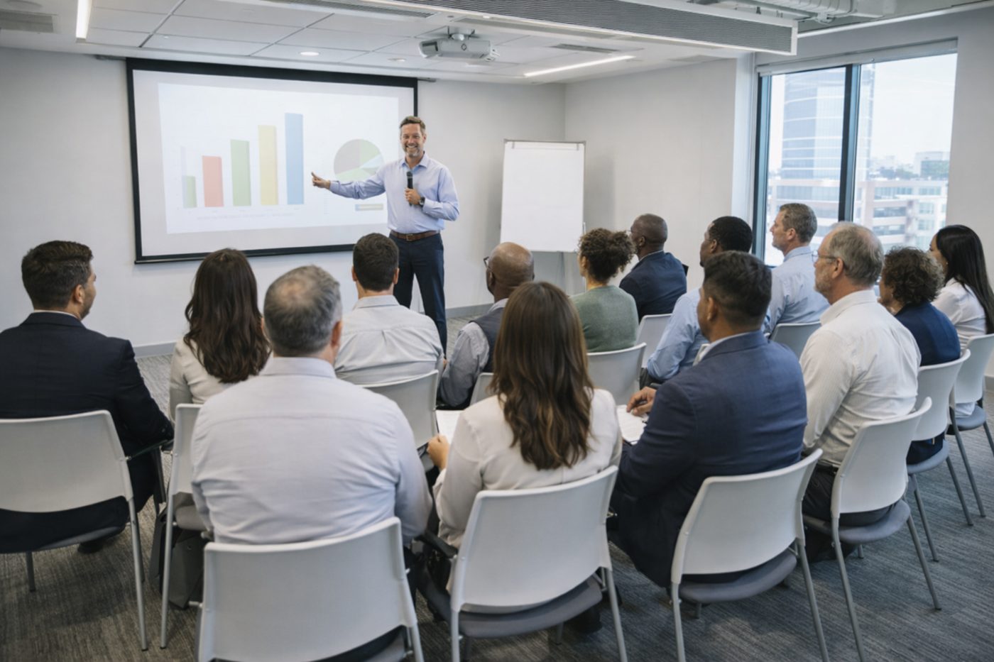 A presenter pointing to a chart in front of a seated audience