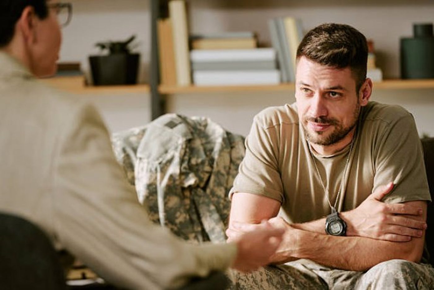 A veteran in conversation with a supporter